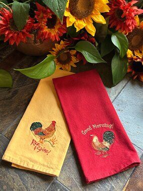 Embroidered Rooster Kitchen Tea Towels – Set of 2